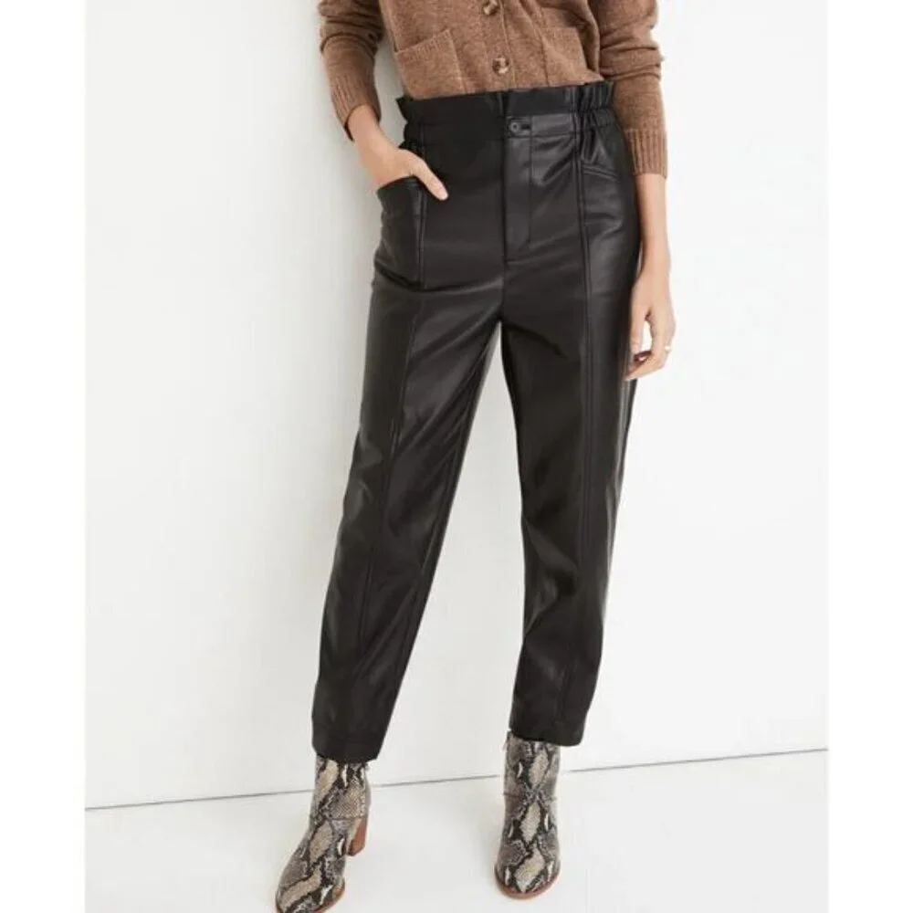 Madewell Vegan Leather Pull-On Paperbag Pants Black 0‎